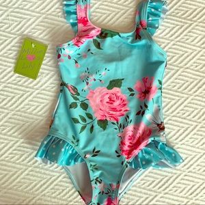 Girls turquoise floral ruffle swimsuit 5T